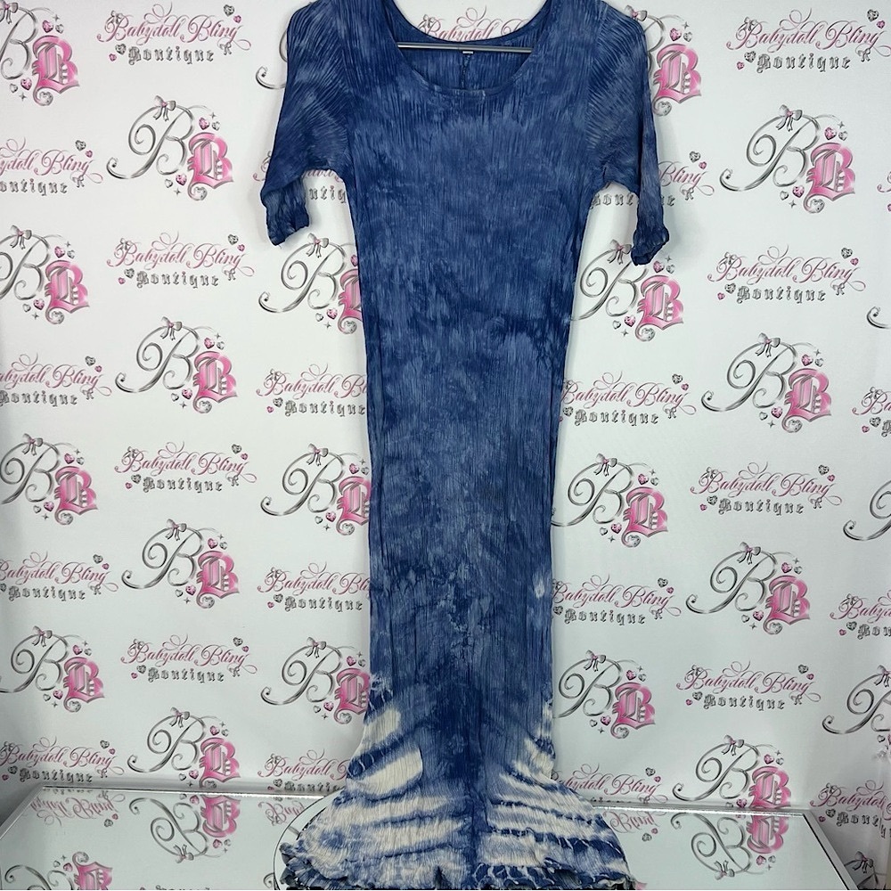 Dress tie dye long stretchy white Blue Tie-Dye Women's Dress
